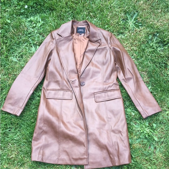 With The Girls By Avec Les Filles Brown Faux Leather Vegan Trench Coat Size M - Picture 2 of 8